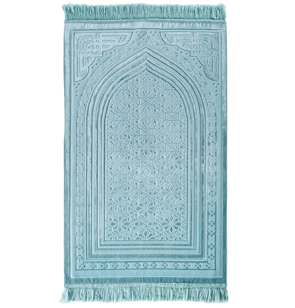 Ramadan Rugs Luxury Velvet Islamic Prayer Rug 5 Piece Ramadan Gift Set - Light Blue