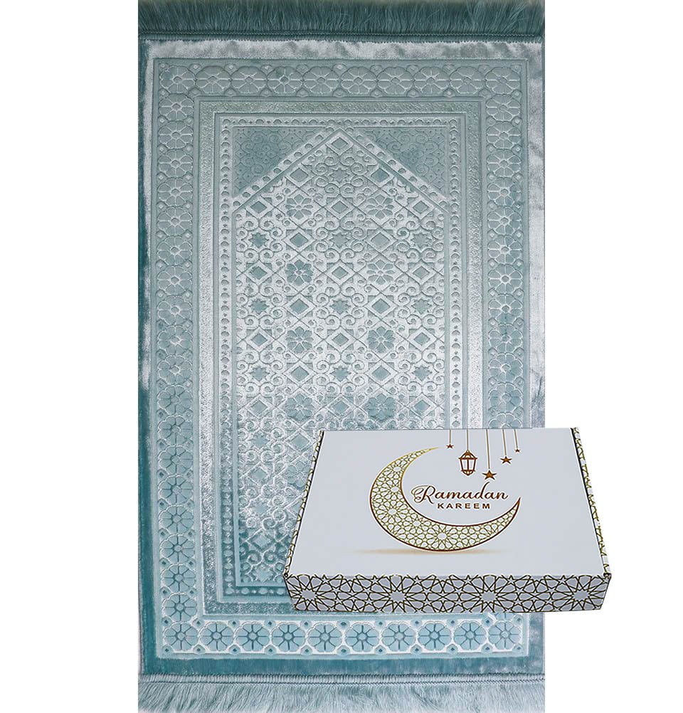 Luxury Velvet Islamic Prayer Rug Gift Box Set with Prayer Beads Blue
