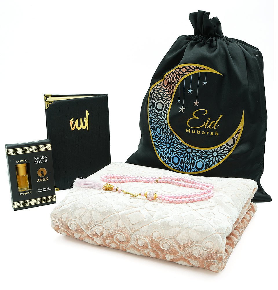Modefa Prayer Rug Light Pink Luxury Velvet Eid Mubarak Gift Bag Set - 5 Pieces with Prayer Rug - Light Pink