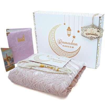 Modefa Prayer Rug Light Pink Luxury Velvet Islamic Prayer Rug 5 Piece Ramadan Gift Set - Light Pink