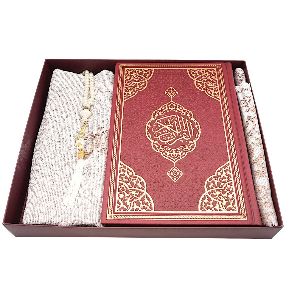 Modefa Prayer Rug Maroon Prayer Rug Gift Box Set - With Quran in Arabic & Prayer Beads - Maroon