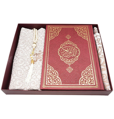 Modefa Prayer Rug Maroon Prayer Rug Gift Box Set - With Quran in Arabic & Prayer Beads - Maroon