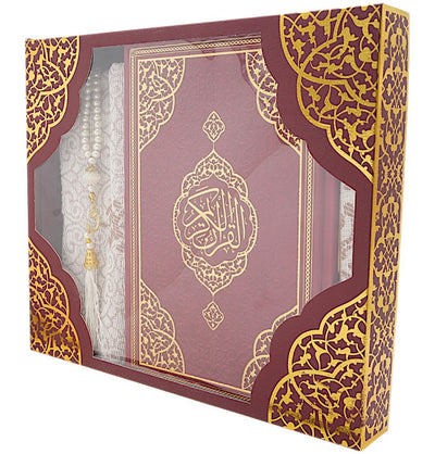 Modefa Prayer Rug Maroon Prayer Rug Gift Box Set - With Quran in Arabic & Prayer Beads - Maroon