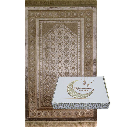 Modefa Prayer Rug Mink 2 Luxury Velvet Islamic Prayer Rug Gift Box Set with Prayer Beads - Floral Stamp Mink
