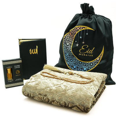 Modefa Prayer Rug Mink Luxury Velvet Eid Mubarak Gift Bag Set - 5 Pieces with Prayer Rug - Mink