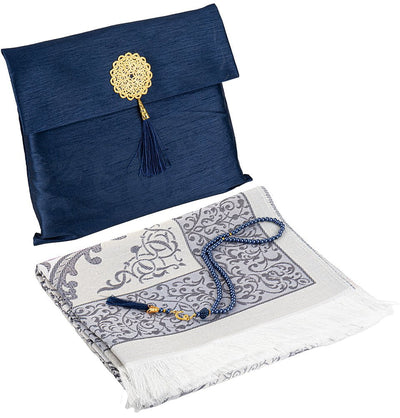 Modefa Prayer Rug Navy Blue Islamic Gift Set - Prayer Mat & Tesbih in Taffeta Gift Bag - Navy Blue