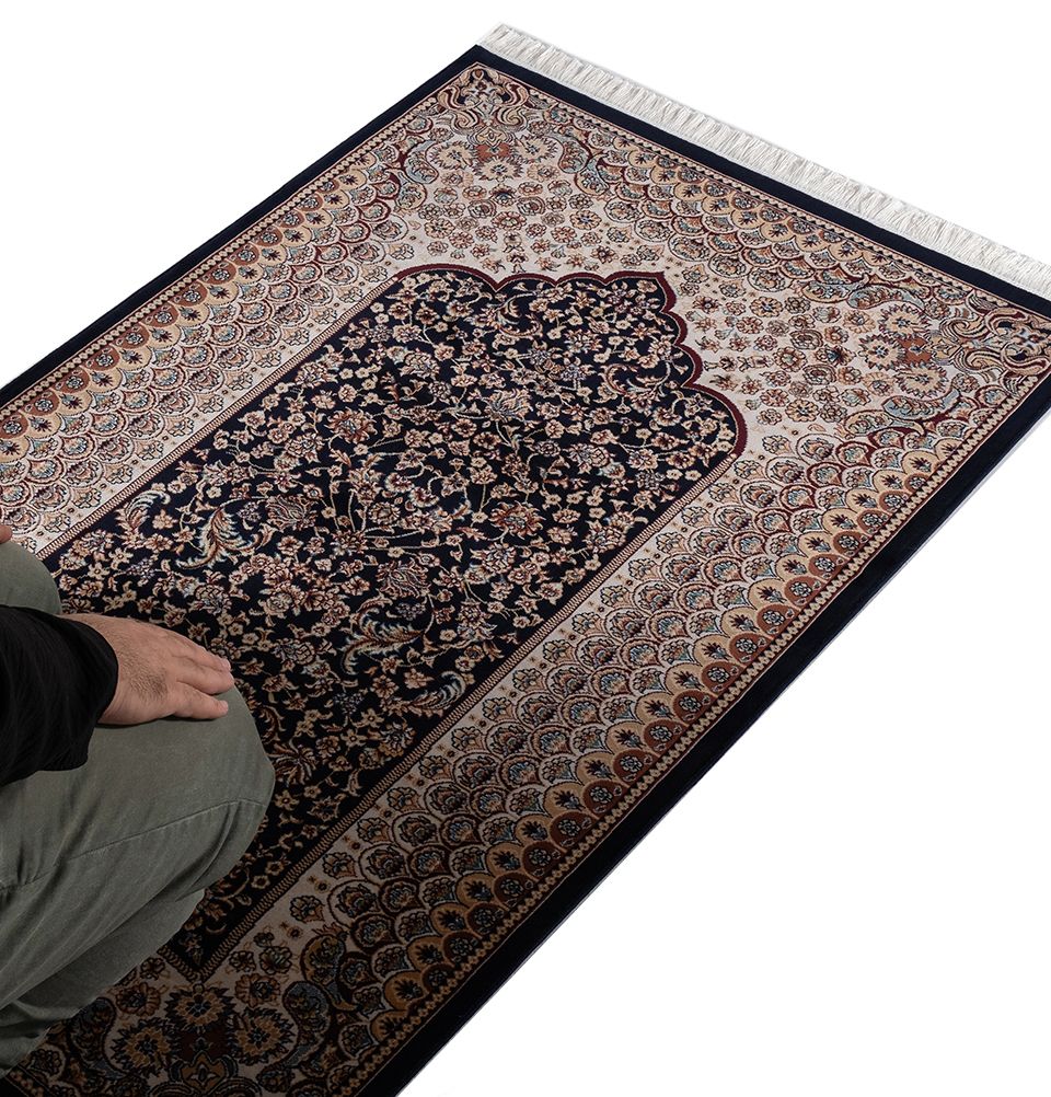 Modefa Prayer Rug Navy Blue Luxury Velvet Carpet Islamic Prayer Rug Lale - Navy Blue