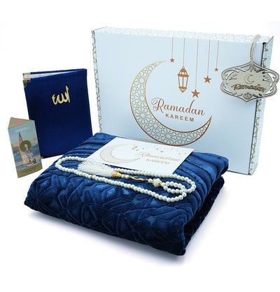 Modefa Prayer Rug Navy Blue Luxury Velvet Islamic Prayer Rug 5 Piece Ramadan Gift Set - Navy Blue