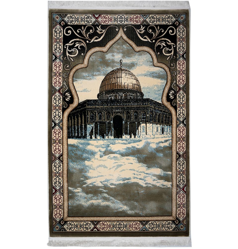 Luxury Velvet Kilim Islamic Prayer Rug - Floral Creme/Green