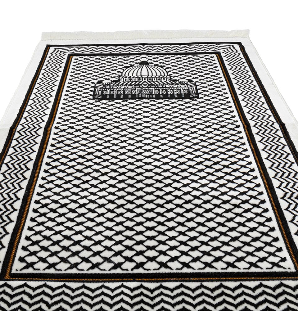 Palestine Velvet Islamic Prayer Rug - Aqsa Black & White