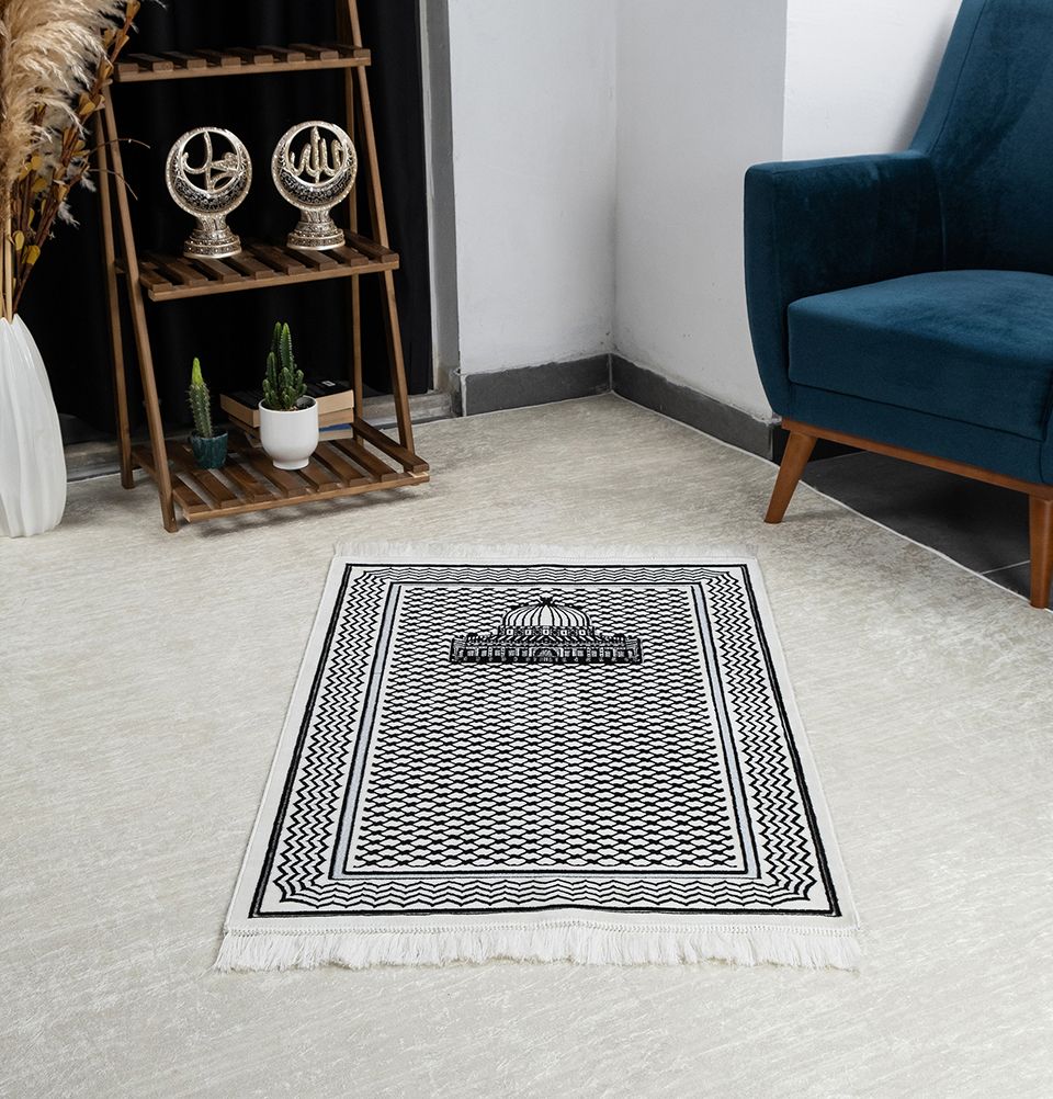 Palestinian Rugs Palestine Velvet Islamic Prayer Rug - Aqsa Black & White
