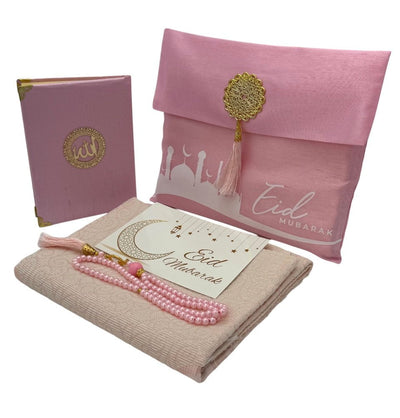 Modefa Prayer Rug Pink Eid Mubarak Gift Set - Prayer Rug, Dua Book and Prayer Beads in Satin Bag - Pink