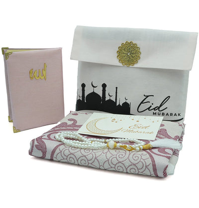 Modefa Prayer Rug Pink Eid Mubarak Gift Set - Prayer Rug, Dua Book and Prayer Beads in Satin Bag - Pink