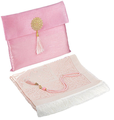 Modefa Prayer Rug Pink Islamic Gift Set - Prayer Mat & Tesbih in Taffeta Gift Bag - Pink