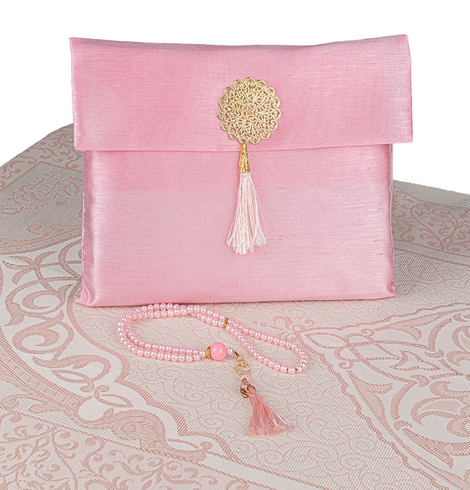 Modefa Prayer Rug Pink Islamic Gift Set - Prayer Mat & Tesbih in Taffeta Gift Bag - Pink
