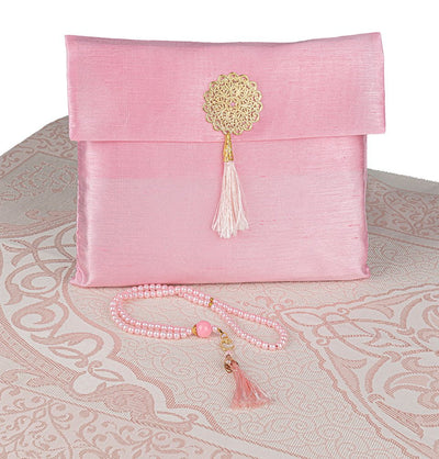 Modefa Prayer Rug Pink Islamic Gift Set - Prayer Mat & Tesbih in Taffeta Gift Bag - Pink