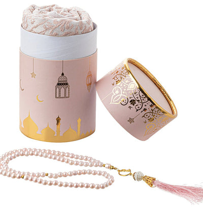 Modefa Prayer Rug Pink Ramadan Lantern Cylinder Gift Box Set with Prayer Mat & Prayer Beads - Pink