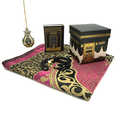 Modefa Prayer Rug Purple Islamic Ottoman Chenille Prayer Mat Gift Box Set - With Quran, Prayer Beads, & Car Hanger - Purple