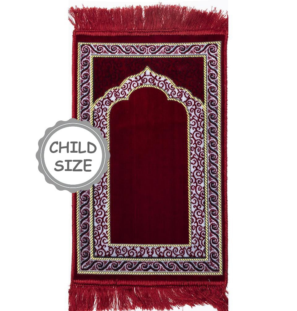 Modefa Prayer Rug Red #2 Child Velvet Islamic Prayer Rug - Vine Swirl Red