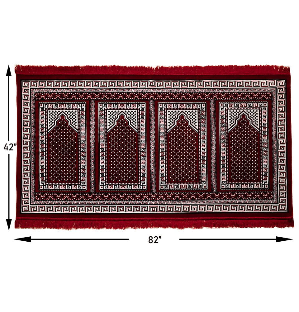 Modefa Prayer Rug Red - 4 Person Wide 4 Person Velvet Islamic Prayer Rug - Geometric Dotted Arch Red