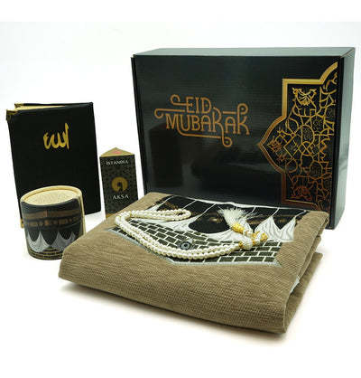 Modefa Prayer Rug Red/Beige Eid Mubarak Gift Box Set - 5 Pieces With Kaba Prayer Mat Beige