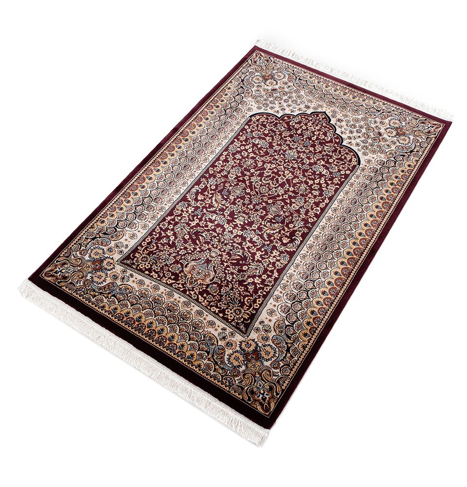 Modefa Prayer Rug Red Beige Lale Luxury Velvet Carpet Islamic Prayer Rug - Red Beige