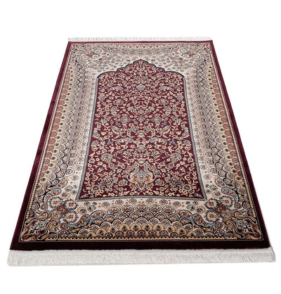 Modefa Prayer Rug Red Beige Luxury Velvet Islamic Prayer Rug - Lale Red Beige