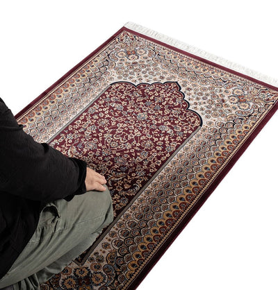 Modefa Prayer Rug Red Beige Luxury Velvet Islamic Prayer Rug - Lale Red Beige