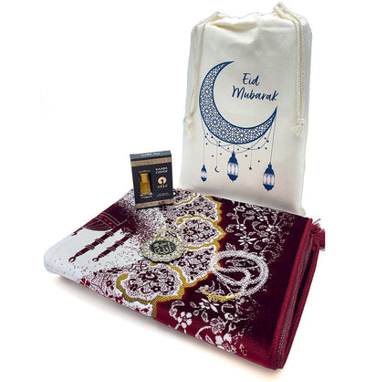 Modefa Prayer Rug Red Eid Mubarak Gift Bag Set with Prayer Mat, Prayer Beads, Car Hanger, & Rollerball Perfume - Red