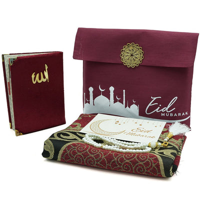 Modefa Prayer Rug Red Eid Mubarak Gift Set - Prayer Rug, Dua Book and Prayer Beads in Satin Bag - Red