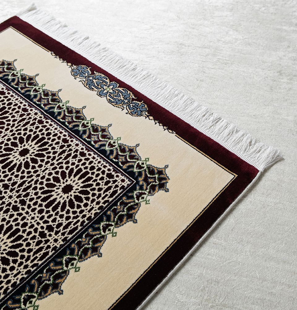 Erguvan Luxury Kilim Velvet Carpet Islamic Prayer Rug - Kaba Black & R