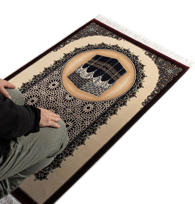 Modefa Prayer Rug Red Erguvan Luxury Kilim Velvet Carpet Islamic Prayer Rug - Kaba Black & Red