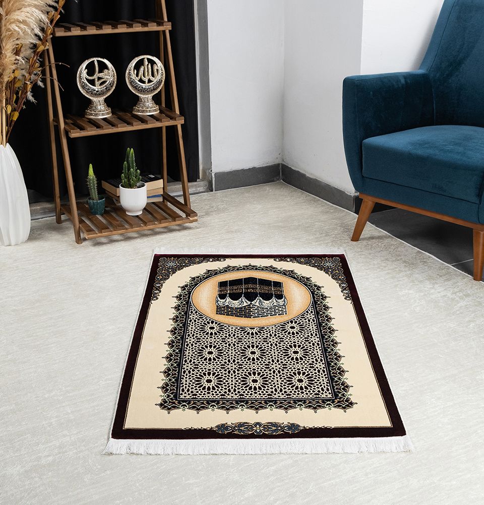 Modefa Prayer Rug Red Erguvan Luxury Kilim Velvet Carpet Islamic Prayer Rug - Kaba Black & Red