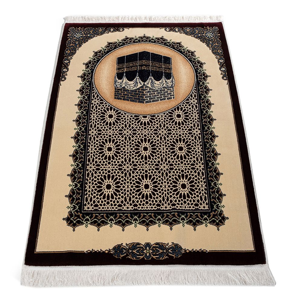 Modefa Prayer Rug Red Erguvan Luxury Kilim Velvet Carpet Islamic Prayer Rug - Kaba Black & Red