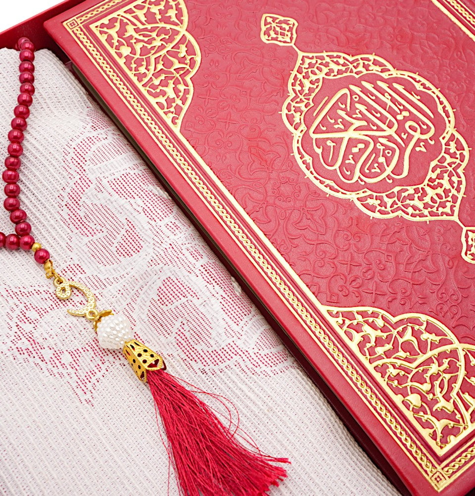 Modefa Prayer Rug Red Prayer Rug Gift Box Set - With Quran in Arabic & Prayer Beads - Red