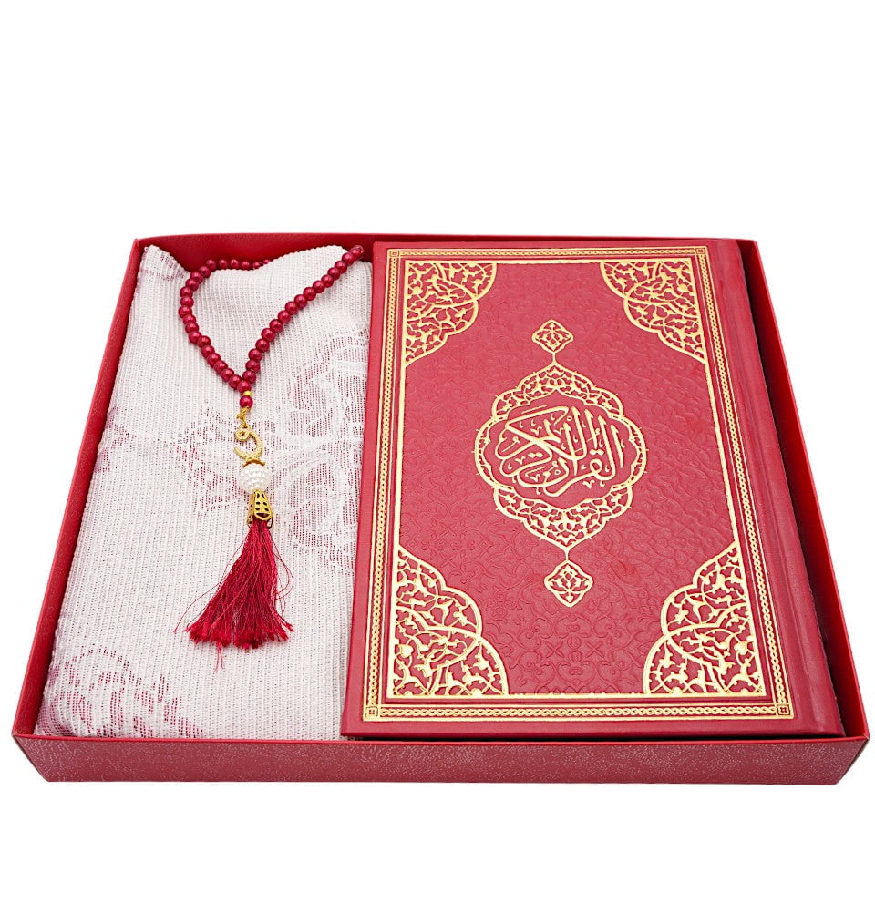 Modefa Prayer Rug Red Prayer Rug Gift Box Set - With Quran in Arabic & Prayer Beads - Red