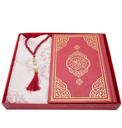 Modefa Prayer Rug Red Prayer Rug Gift Box Set - With Quran in Arabic & Prayer Beads - Red