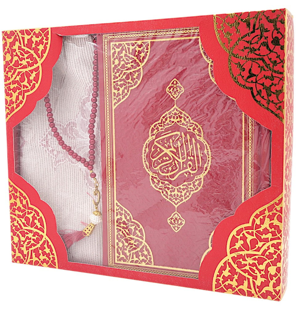 Modefa Prayer Rug Red Prayer Rug Gift Box Set - With Quran in Arabic & Prayer Beads - Red