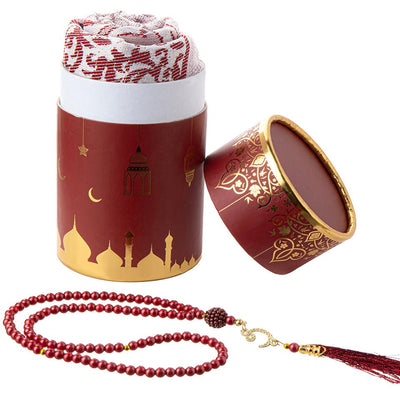 Modefa Prayer Rug Red Ramadan Lantern Cylinder Gift Box Set with Prayer Mat & Prayer Beads - Red
