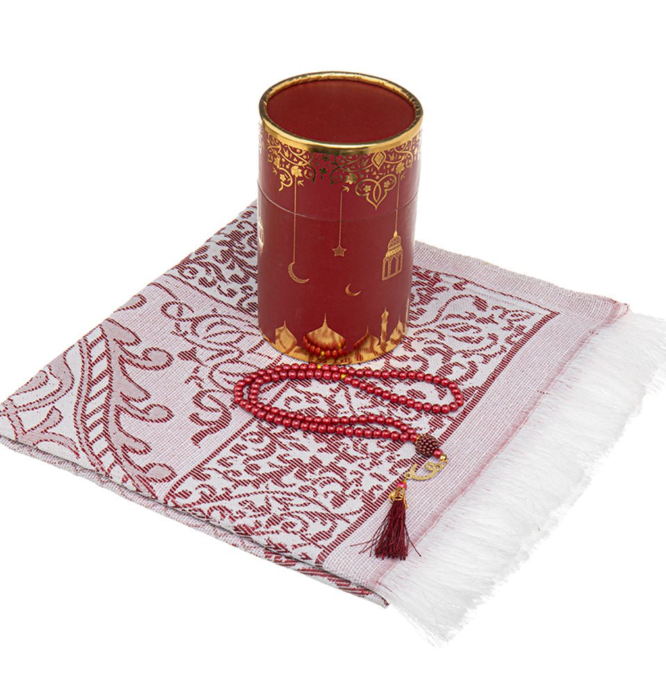 Modefa Prayer Rug Red Ramadan Lantern Cylinder Gift Box Set with Prayer Mat & Prayer Beads - Red