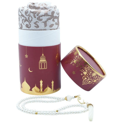 Modefa Prayer Rug Red Ramadan Lantern Cylinder Gift Box Set with Prayer Mat & Prayer Beads - Red