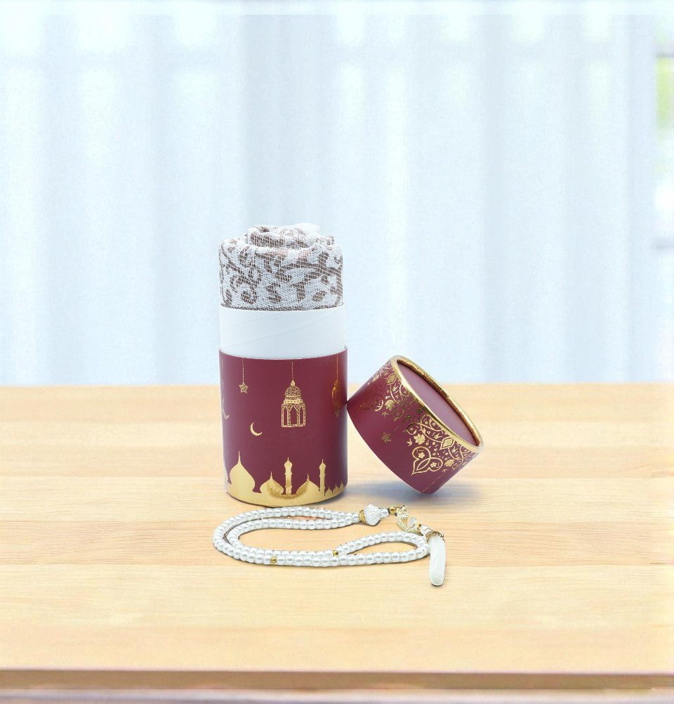 Modefa Prayer Rug Red Ramadan Lantern Cylinder Gift Box Set with Prayer Mat & Prayer Beads - Red