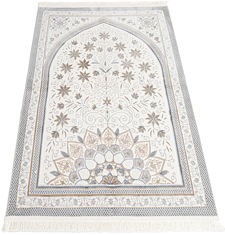 Lilyum Luxury Velvet Islamic Prayer Rug Miraj - Silver Grey