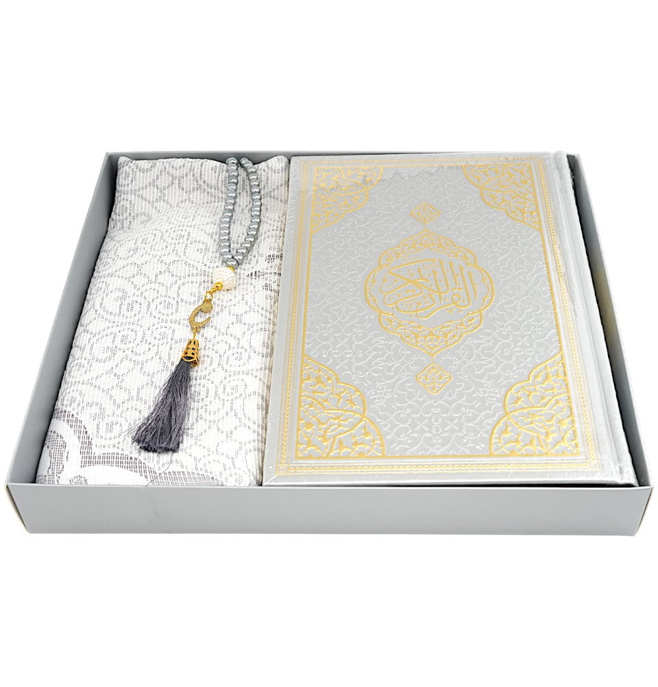 Modefa Prayer Rug Silver Prayer Rug Gift Box Set - With Quran in Arabic & Prayer Beads - Silver