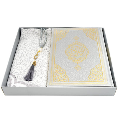 Modefa Prayer Rug Silver Prayer Rug Gift Box Set - With Quran in Arabic & Prayer Beads - Silver