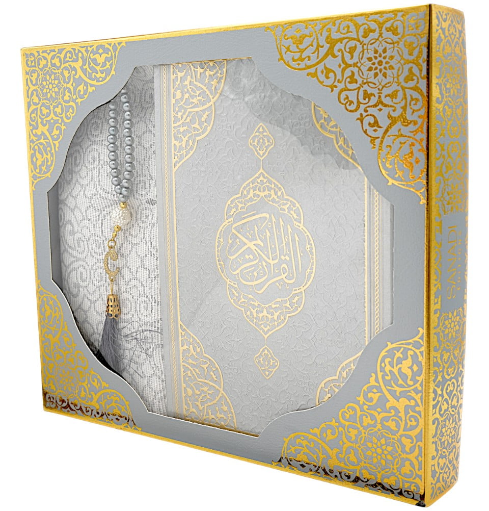 Prayer Rug Gift Box Set - With Quran in Arabic & Prayer Beads - Silver