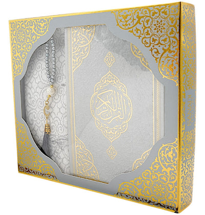 Modefa Prayer Rug Silver Prayer Rug Gift Box Set - With Quran in Arabic & Prayer Beads - Silver