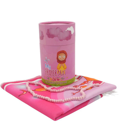 Modefa Prayer Rug Standard Pink Kids Cylinder Gift Box Set with Mosque Prayer Mat & Tasbih - Pink