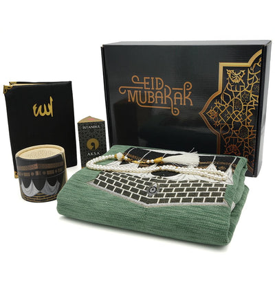 Modefa Prayer Rug Teal Eid Mubarak Gift Box Set - 5 Pieces With Kaba Prayer Mat Sage Green
