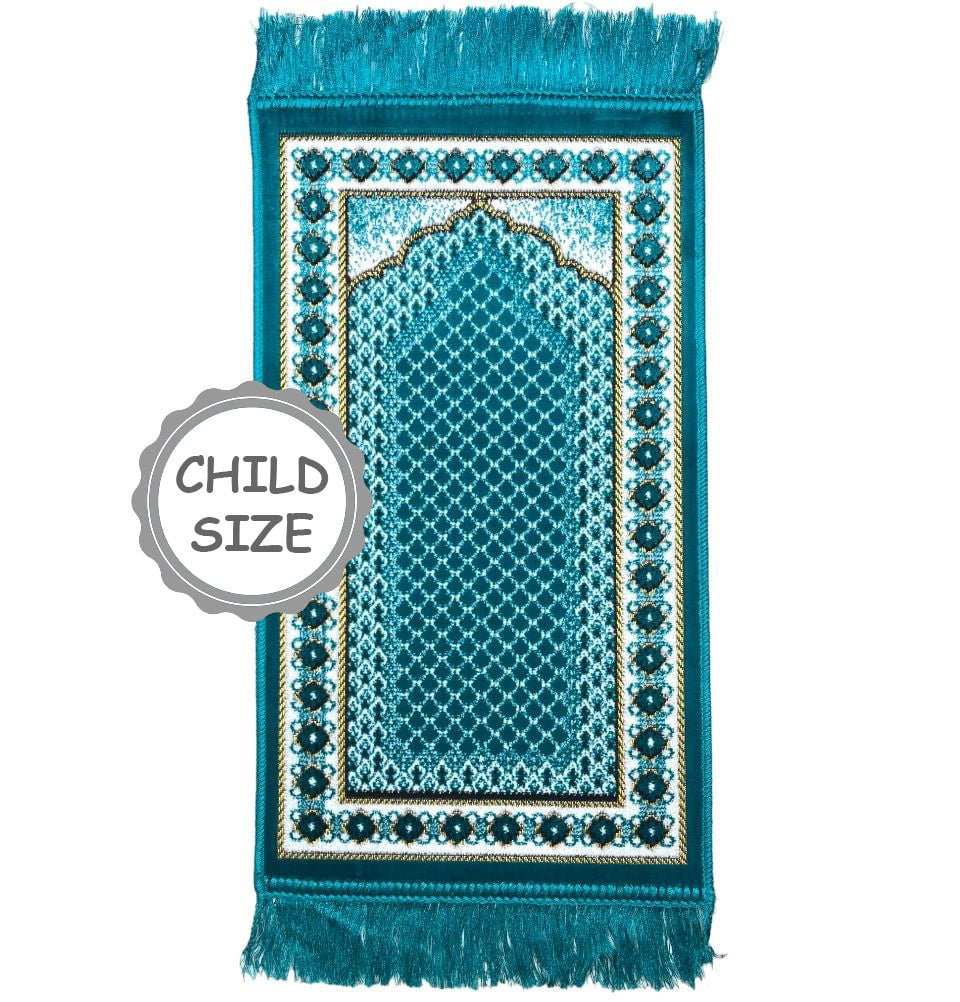 Iraq Baby Rug Child Velvet Islamic Prayer Rug - Lattice Vine Geometric Border - Turq